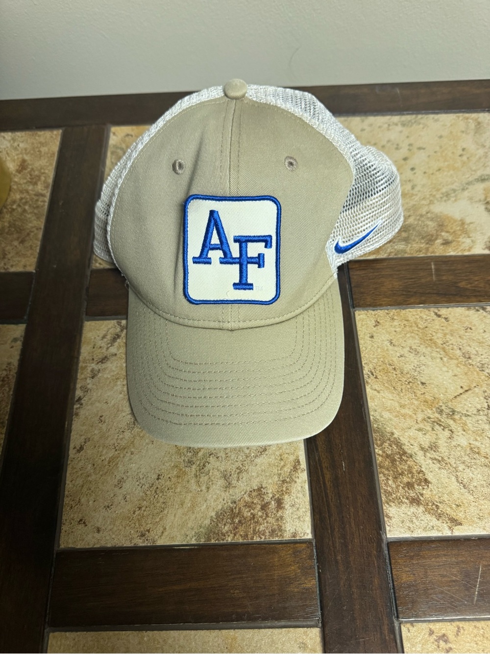 Nike Khaki and White Trucker Hat with Blue AF Patch